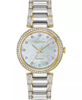 Eco-Drive Женские двухцветные часы с браслетом из нержавеющей стали с силуэтом и кристаллами, 28 мм Citizen