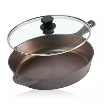Еда Сковорода чугунная полированная с крышкой, 25 см, сковорода с двумя носиками, сковорода чугунная Mahlzeit, коричневый