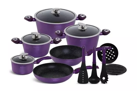 EDENBERG HIT Фиолетовый, 15 предметов, индукционная кастрюля, набор кастрюль, кастрюли с крышкой, EB-005627