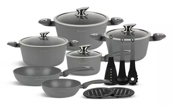 EDENBERG Серые кастрюли ИНДУКЦИОННАЯ СТЕКЛЯННАЯ КРЫШКА Набор кастрюль для приготовления пищи Керамический мраморный подарок EB5624, серый