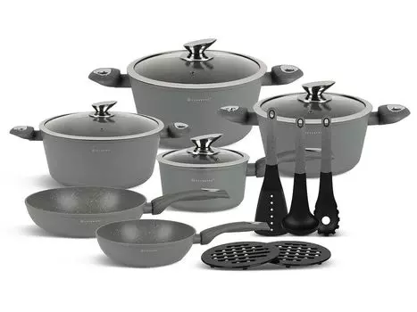 EDENBERG Серые кастрюли ИНДУКЦИОННАЯ СТЕКЛЯННАЯ КРЫШКА Набор кастрюль для приготовления пищи Керамический мраморный подарок, серый