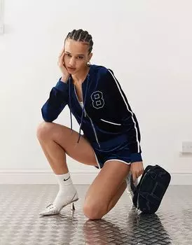 Edikted 08 Темно-синяя велюровая толстовка с капюшоном на молнии (часть комплекта)