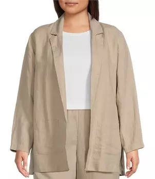 Eileen Fisher Длинный блейзер размера плюс из органического льна с воротником с лацканами и длинными рукавами, карманами и открытым передом, бежевый
