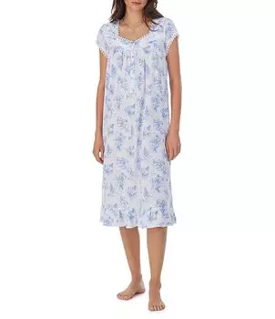 Eileen West Вязаная ночная рубашка с цветочным принтом и вырезом в форме сердца, с короткими рукавами, вальсовая ночная рубашка, белый