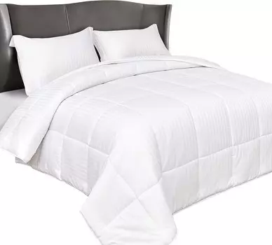 Elegant Comfort Премиум-отель, 100 % египетский хлопок, комплект одеял из трех частей в полоску, альтернативный хлопок, прошитый в коробочке, пододеяльник с 4 угловыми язычками, размер King, белый, White