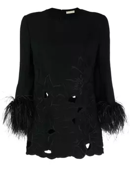 Elie Saab платье мини с цветочной аппликацией и перьями, черный