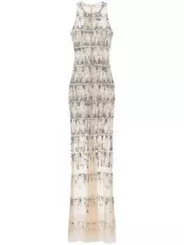 Elisabetta Franchi платье для красной дорожки из тюля с пиксельным узором, расшитое пайетками, нейтральный цвет