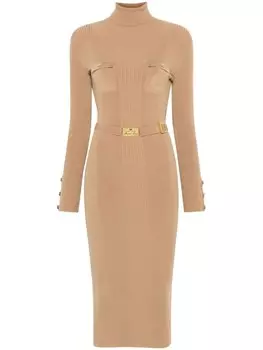 Elisabetta Franchi платье миди с вышитым логотипом, коричневый