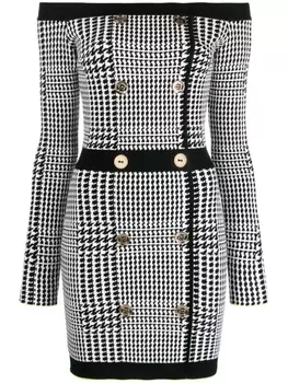 Elisabetta Franchi платье мини с открытыми плечами и узором в ломаную клетку, черный