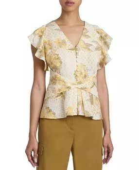 ELLA Блуза с воланами на рукавах и поясной вставкой из цветочного хлопкового клоке Santorelli, желтый