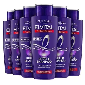 Elvital Шампунь для светлых, мелированных и седых волос нейтрализует желтые тона Цветной блеск Фиолетовый серебристый Шампунь против желтизны, L'Oreal