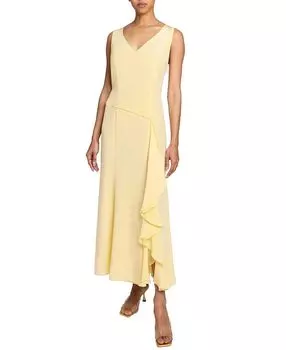 EMERSON Миди-платье без рукавов из шелка с каскадными рюшами на юбке Santorelli, желтый