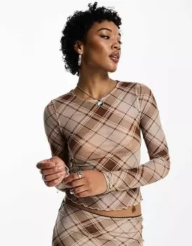 Emory Park – Коричневый сетчатый топ с длинными рукавами в клетку