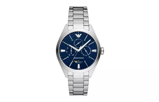EMPORIO ARMANI Наручные часы с коллекцией фаз Луны, кварцевый механизм, ремешок из нержавеющей стали, 43 мм, синий циферблат, мужские часы
