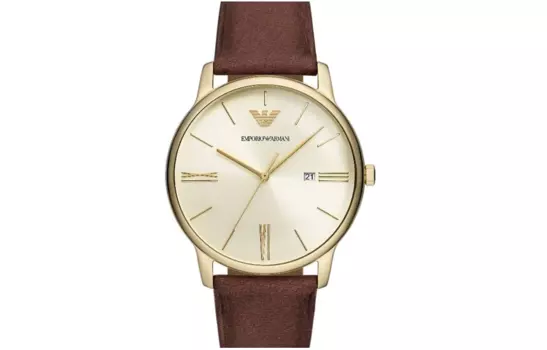 EMPORIO ARMANI Наручные часы с кварцевым механизмом, кожаным ремешком, 42 мм, золотой циферблат, мужские часы