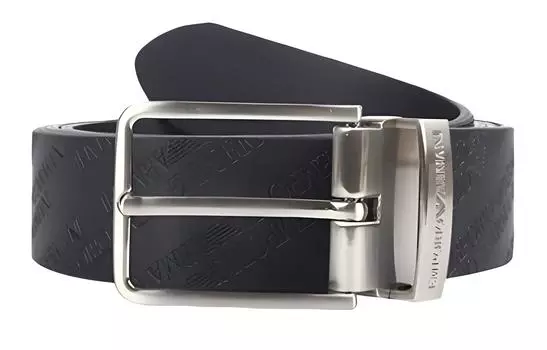 EMPORIO ARMANI Ремень мужской кожаный с тисненым логотипом и пряжкой, черный, ширина 3,3 см