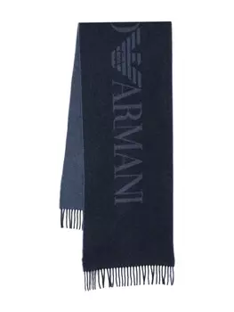 Emporio Armani шарф с бахромой и логотипом, синий