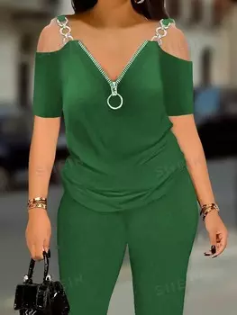 EMRY ROSE Комплект однотонного топа с плечами и леггинсов больших размеров Emery Rose, зеленый