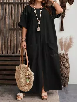 EMRY ROSE Повседневное праздничное Однотонное Длинное платье с рукавами «летучая мышь» и двойными карманами Emery Rose, черный