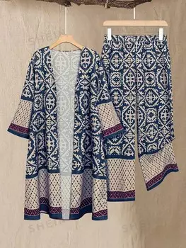 EMRY ROSE Рубашка и брюки с открытой передней частью и принтом Allover Emery Rose, синий