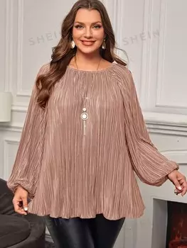 EMRY ROSE Женская свободная плиссированная футболка больших размеров с рукавами-фонариками, однотонная, с круглым вырезом, весна/лето Emery Rose, абрикосовый