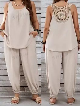 EMRY ROSE Женские большие размеры с вырезом на спине Значок Отпуск Повседневная рубашка без рукавов цвета хаки и длинные брюки с карманом для ключей, льняной комплект Emery Rose, мультиколор