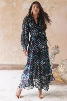 Enb | платье мидакси с металлическим принтом и завязкой спереди, с длинными рукавами Love & Roses, черный