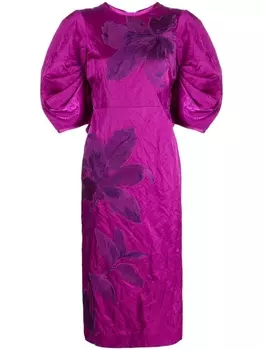 Erdem платье миди с объемными рукавами и цветочной вышивкой, фиолетовый