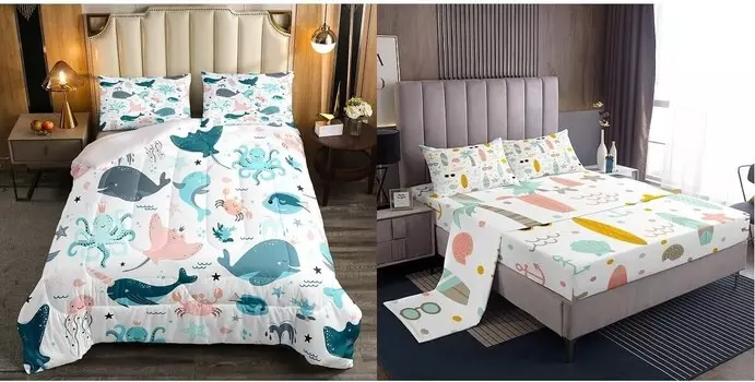 Erosebridal, 5 шт., детский комплект постельного белья с героями мультфильмов «Океан», двойной размер: набор одеял с изображением океанских животных и набор пляжных прибрежных простыней