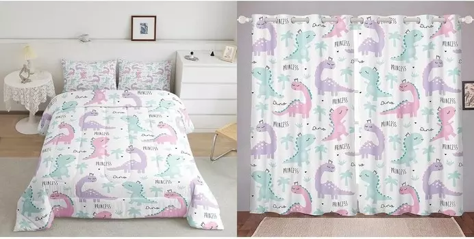 Erosebridal, декор комнаты с динозавром для девочек из 4 предметов, включает в себя: комплект двух одеял и 2 панели штор размером 42 x 63 дюйма каждая.