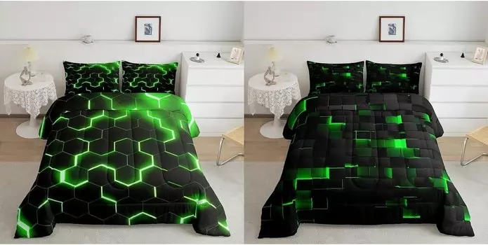 Erosebridal, комплект из 4 предметов для мальчиков, зеленый, черный, с геометрическим рисунком в виде сот, в клетку, сетку, набор одеял, двойной размер