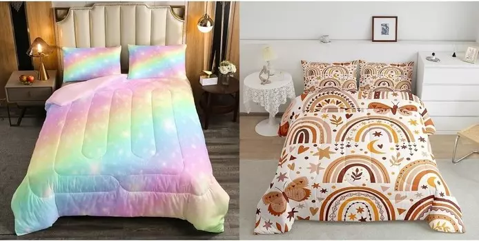 Erosebridal Комплект постельного белья Rainbow Twin из 4 предметов: 1 двустороннее розовое одеяло Rainbow, 1 одеяло с радужной бабочкой в стиле бохо и 2 наволочки