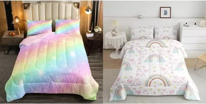 Erosebridal Комплект постельного белья Rainbow Twin из 4 предметов: 1 двустороннее розовое одеяло Rainbow, 1 одеяло Rainbow Love Heart Stars с 2 наволочками
