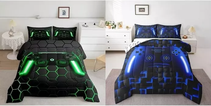 Erosebridal комплекты детских одеял из 4 предметов с геометрическим рисунком Gamer для мальчиков, двойного размера, неоновый, зеленый, синий