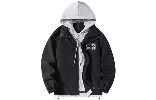 Eslite Cenpin свободная повседневная куртка из двух частей с капюшоном и принтом букв, одинаковый стиль для мужчин и женщин, цвет Black + haze blue