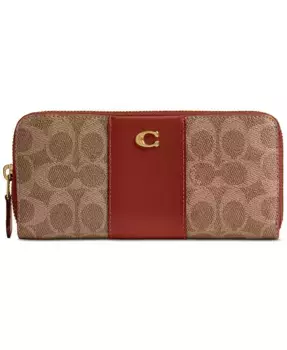 Essential Signature Canvas Slim Accordion Zip Wallet – Элегантный компактный кошелек-книжка на молнии Essential Signature из ткани canvas COACH, коричневый/бежевый