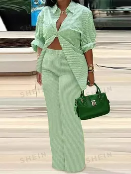 Essnce 2 Предмета, рубашка с длинным рукавом, выкройка большого размера, удобная, свободная, комплектного фасона Shein, мультиколор