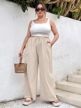 Essnce Большие размеры женские летние повседневные свободные широкие брюки цвета хаки из искусственного хлопка и льна Shein, абрикосовый