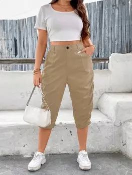 Essnce Большие размеры Женские простые однотонные повседневные капри Shein, хаки