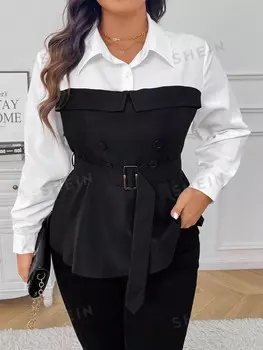 Essnce Двухцветная блузка с поясом для весны и осени Shein, черно-белый