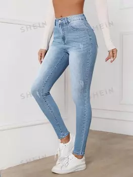 Essnce Джинсы скинни с завышенной талией и карманами на молнии Shein, светло-голубой