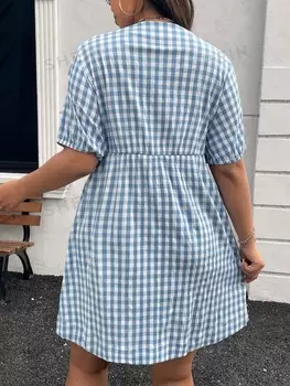 Essnce Elaine Мини-платье с короткими рукавами и бантом, клетчатый узор, большой размер Shein, синий