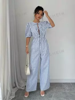 Essnce Комплект хлопковых свободных брюк в полоску Дизайн банта на груди для женщин Shein, синий