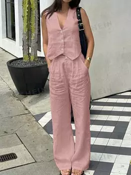 Essnce Комплект из двух предметов: рубашка и брюки для женщин больших размеров, однотонный, можно носить каждый день, без рукавов Shein, пастельно-розовый