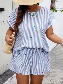 Essnce, Комплект из двух предметов: рубашки и шорт с короткими рукавами, с яркими сердечками и полосками, для женщин больших размеров Shein, синий/белый