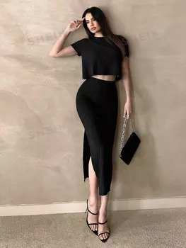 Essnce Летний черный вязаный повседневный домашний комплект из 2 предметов в рубчик Shein, черный