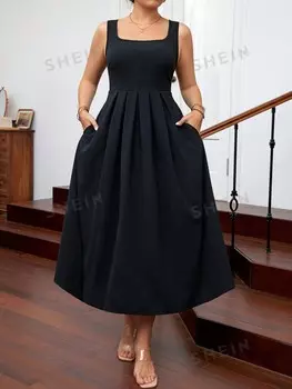 Essnce Облегающее платье миди больших размеров с v-образным вырезом и плиссировкой сверху Shein, черный