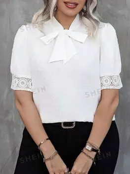 Essnce, Однотонная рубашка больших размеров, завязывающийся воротник, кружевная отделка, короткие рукава Shein, белый