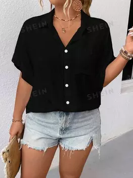 Essnce Однотонная рубашка размера плюс с V-образным вырезом, однобортная застежка на весну/лето и рукава «летучая мышь» Shein, черный