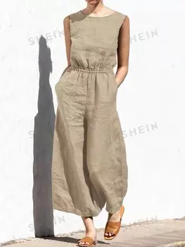 Essnce Однотонный минималистичный цельный комплект без рукавов для женщин Shein, абрикосовый